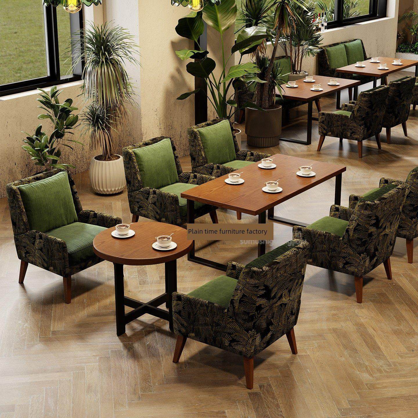 咖啡厅桌椅组合奶茶店甜品店休闲区洽谈接待实木沙发摊位沙发桌椅