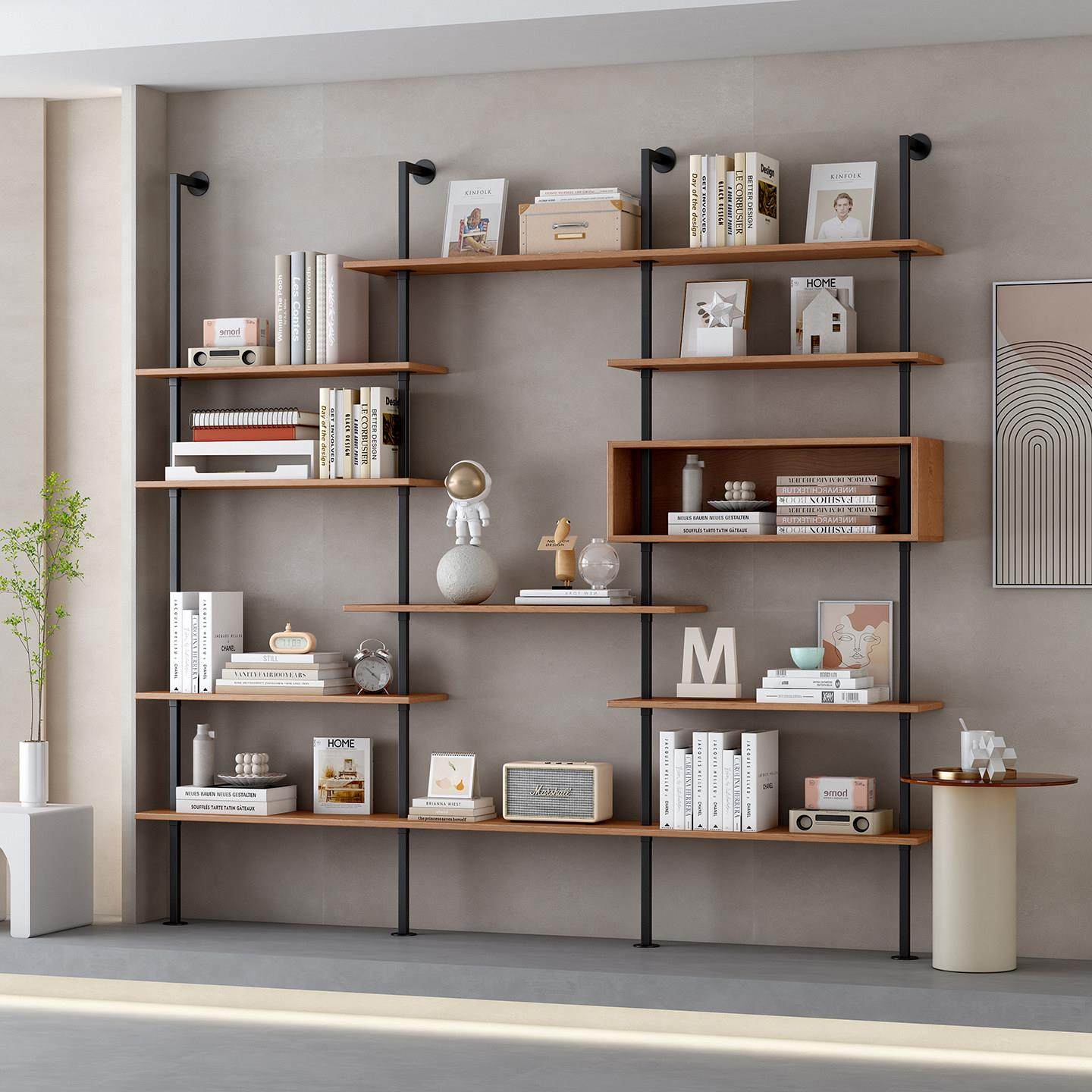 置物架书架一体靠墙落地客厅实木隔板多层可调节带灯办公室收纳层