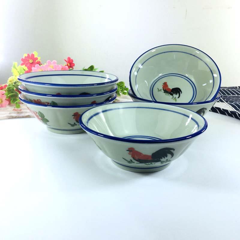 公鸡斗碗 复古厚实6寸7寸8寸9寸 老式蓝边釉下彩 斗笠碗 青瓷釉