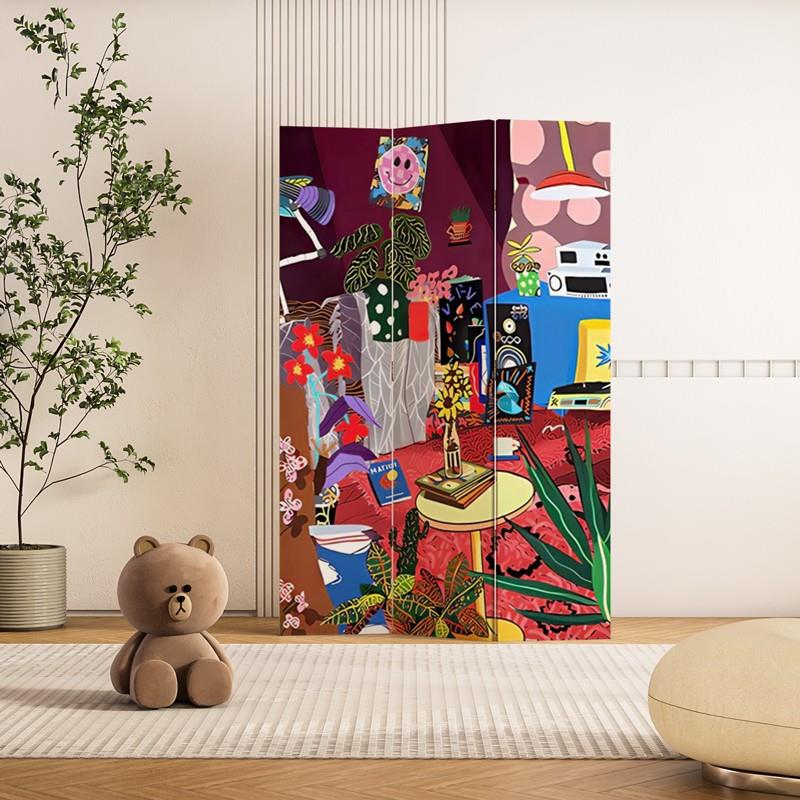 高级涂鸦屏风隔断客厅卧室可折叠移动沙发背景马蒂斯抽象装饰屏风