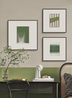 饭厅装饰画抽象艺术大气极简线条黑白绿色正方形客厅壁画饭厅挂画