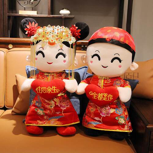 新闻娃娃，婚床一副，金童玉女婚房枕头，b福娃高档婚庆礼品，中
