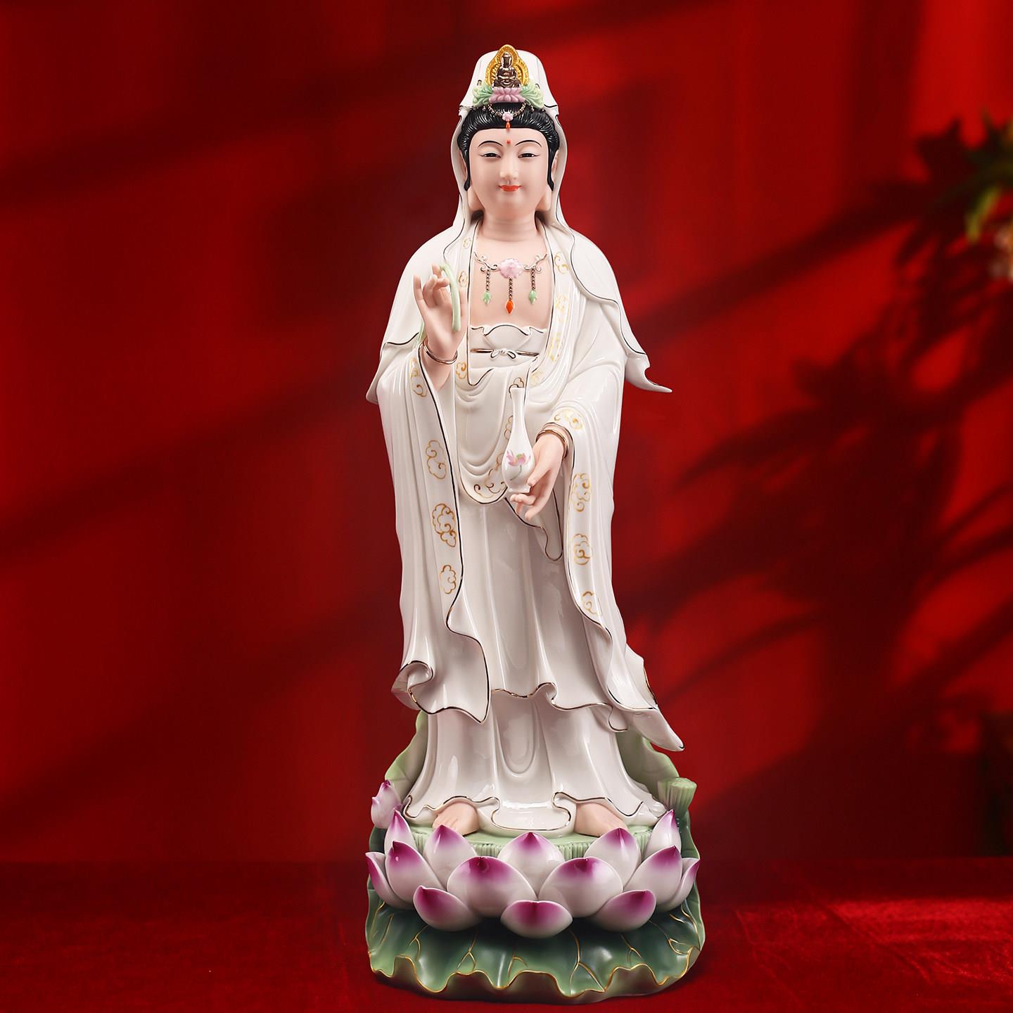 陶瓷彩绘立莲南海观音菩萨佛像摆件观世音菩萨站立像家用供奉观音