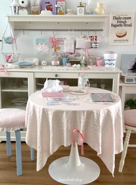 henceforth柔粉蓝条纹桌布蝴蝶结系带韩系ins桌垫书桌装饰背景布