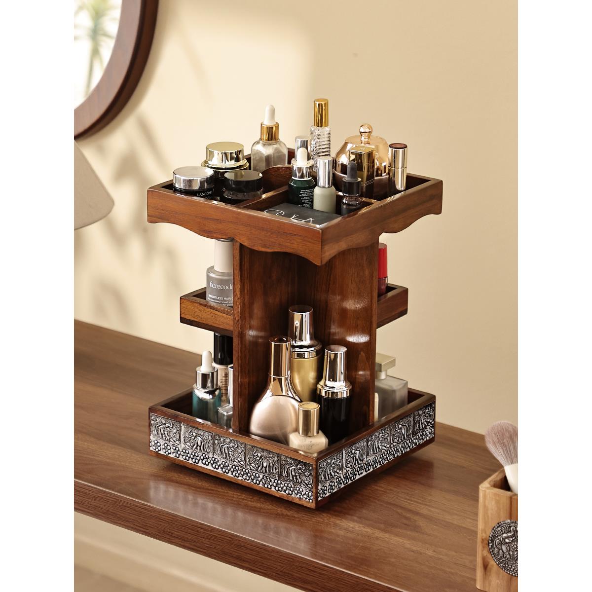 桌面高级化妆品收纳盒木质旋转收纳护肤品香水梳妆台置物架首饰品