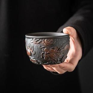 紫陶满雕重工祥龙紫陶150c大容量主人杯高档功夫茶杯个人专用送礼