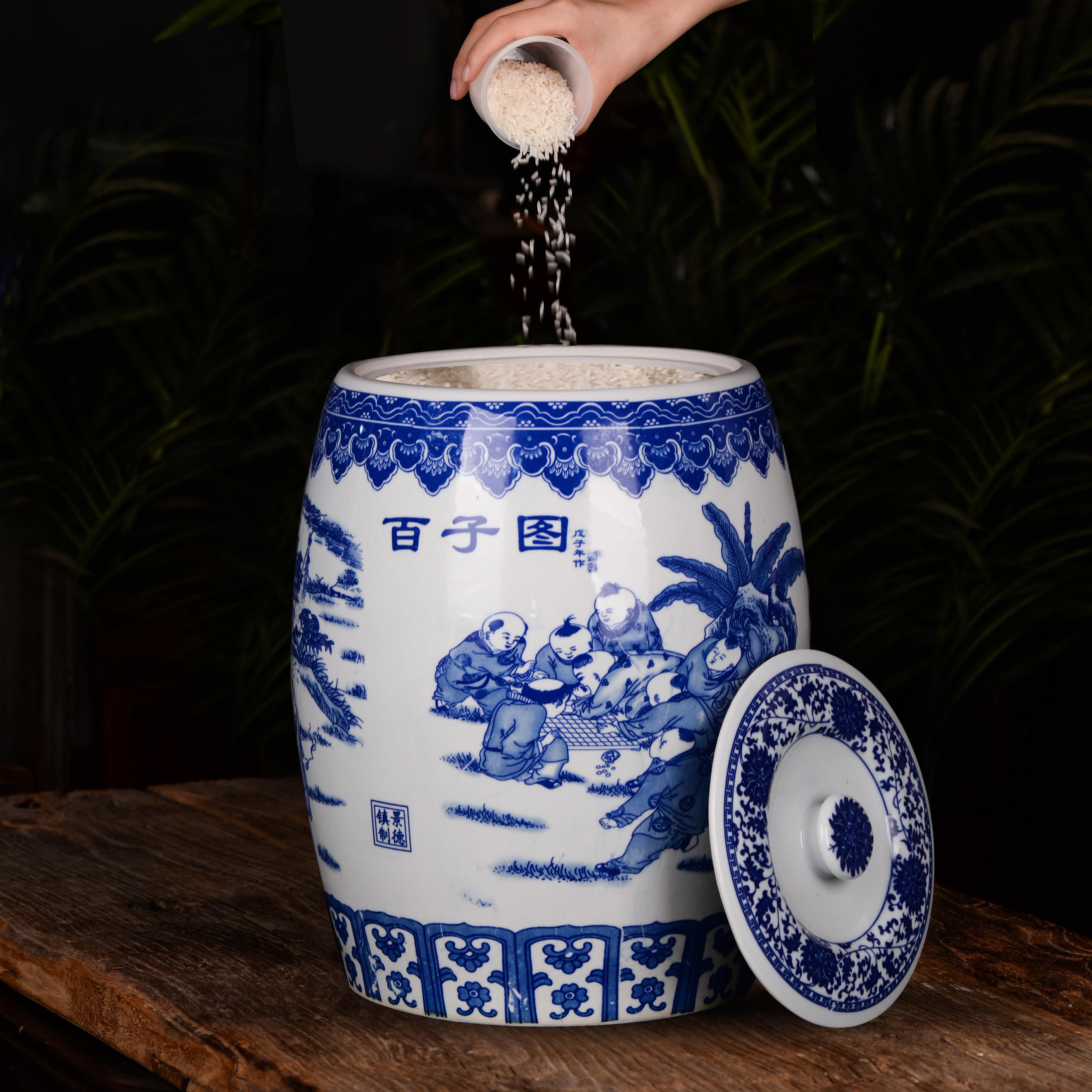 景德镇陶瓷米缸青花瓷凳子款20斤30斤50斤大米桶家用水缸带盖防虫