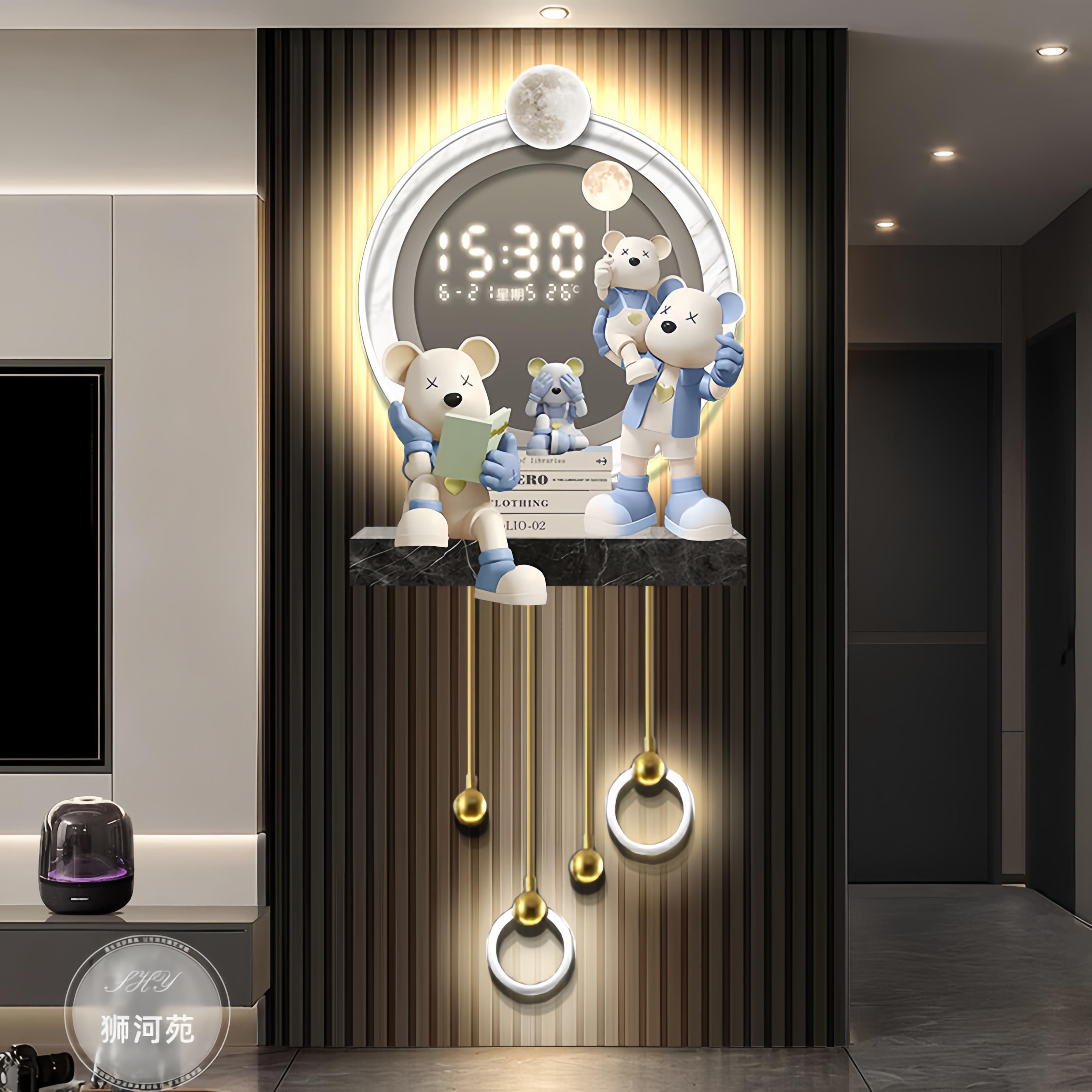 暴力熊玄关装饰画格栅装饰挂件高级感客厅万年历电子钟表挂画带灯