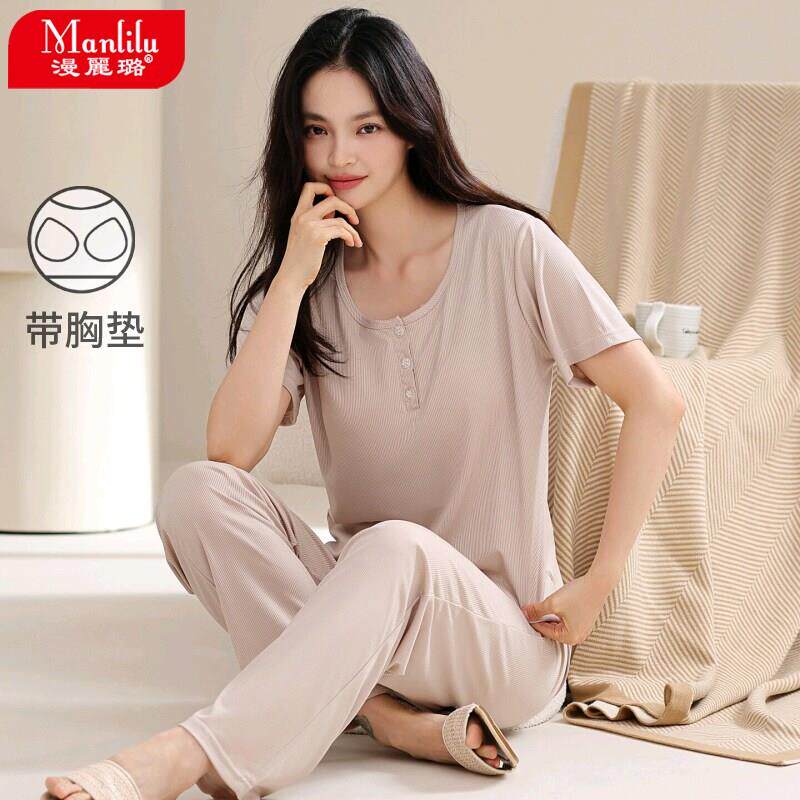 妈妈睡衣女夏款莫代尔短袖长裤带胸垫凉感冰丝家居服瑜伽运动套装