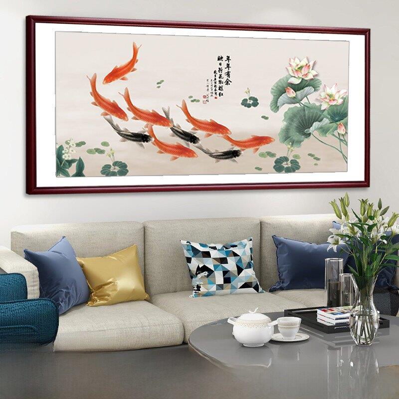 荷花九鱼图、中国画挂画、新中国风客厅餐厅财运壁画、客厅沙发背