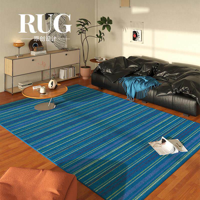 覆古风蓝色条纹地毯客厅2025新款轻奢高级感沙发茶几免洗可擦地垫