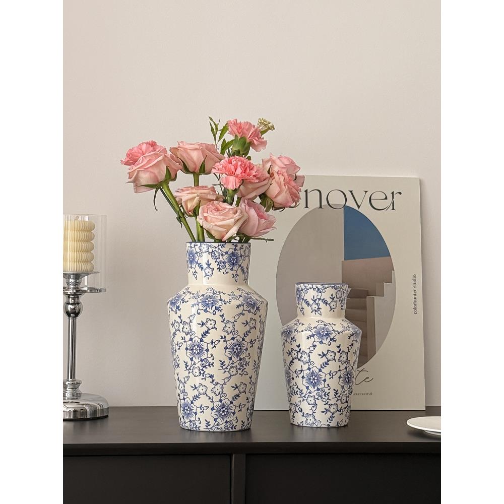 中古风青花瓷陶瓷花瓶水养鲜花玫瑰插花新中式客厅覆古宋式摆件