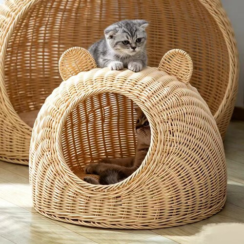 藤编半封闭式猫窝米色凉感设计四季通用LEZIZI品牌
