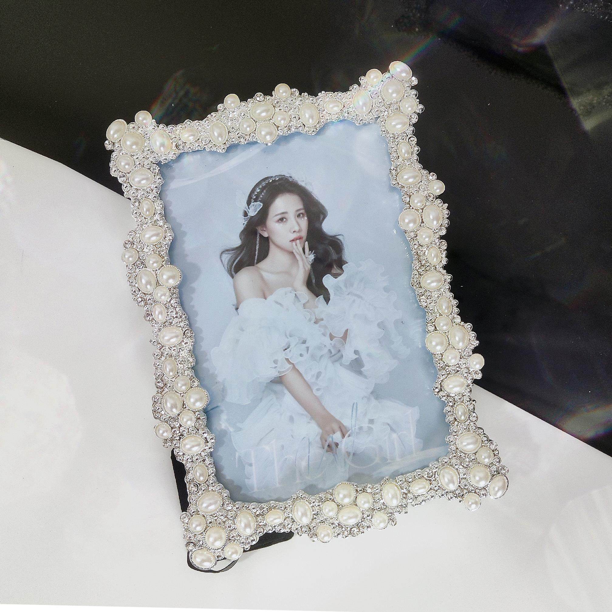 现代6寸7寸8寸10寸金属相框珍珠摆台复古欧式婚纱照精致轻奢优雅