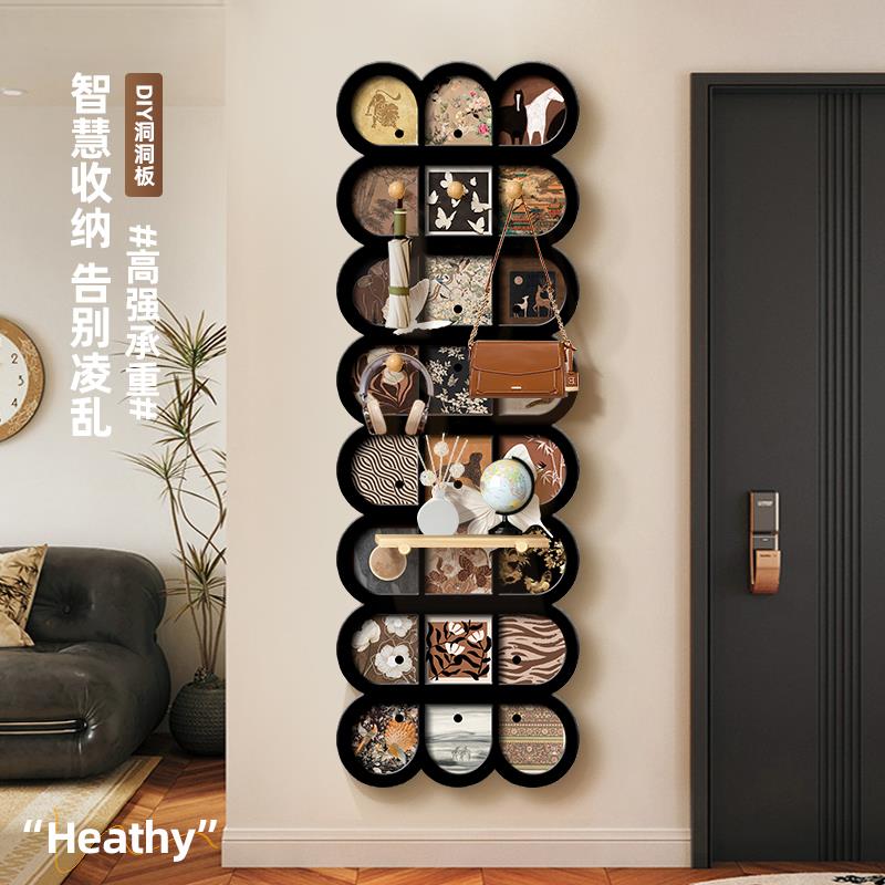 洞洞板墙上置物架墙面挂板中古风入户玄关隔板收纳层架挂架展示架