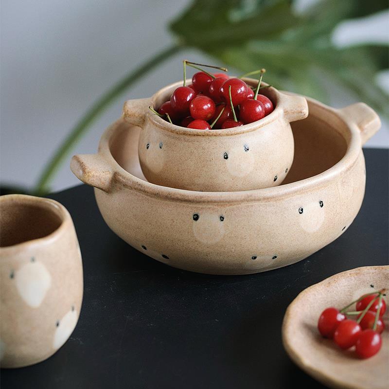 可爱的原创系列个性特色波点粗陶质感带把双耳泡面碗装汤碗沙拉钵