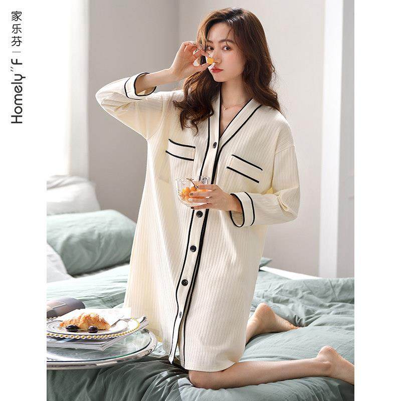 家乐芬睡裙女士睡衣春秋款秋季长袖纯棉薄款开衫长款衬衫大码