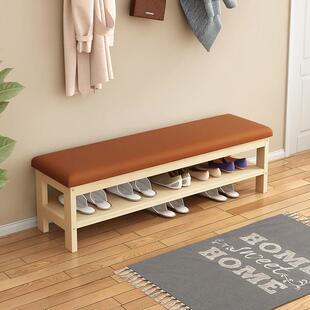 网红实木换鞋凳床尾凳休息矮凳加宽登皮垫玄关长条凳双层储物凳