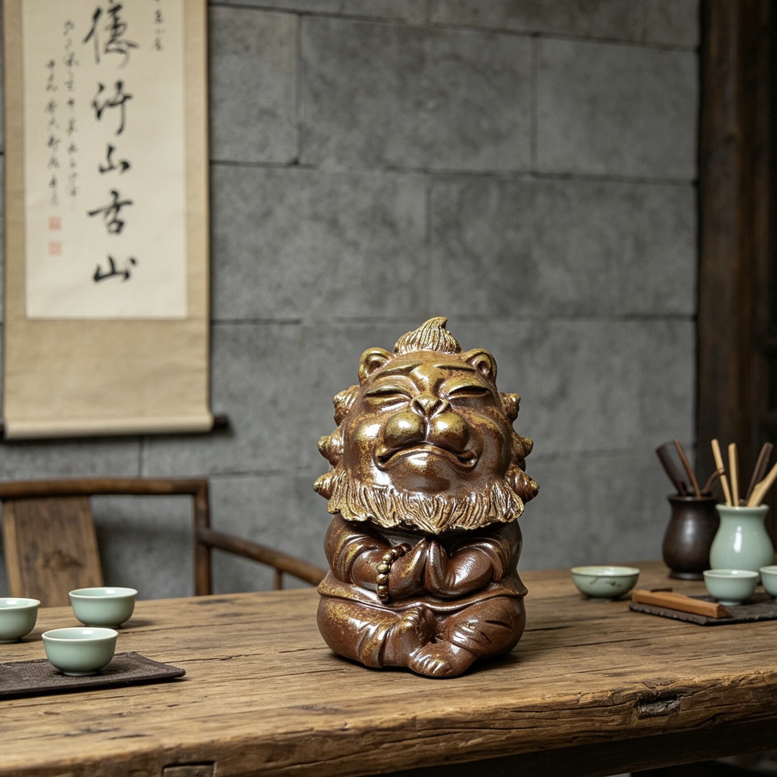 柴烧陶手工禅意狮子茶宠摆件陶瓷摆件客厅国风国潮礼品结婚礼物送