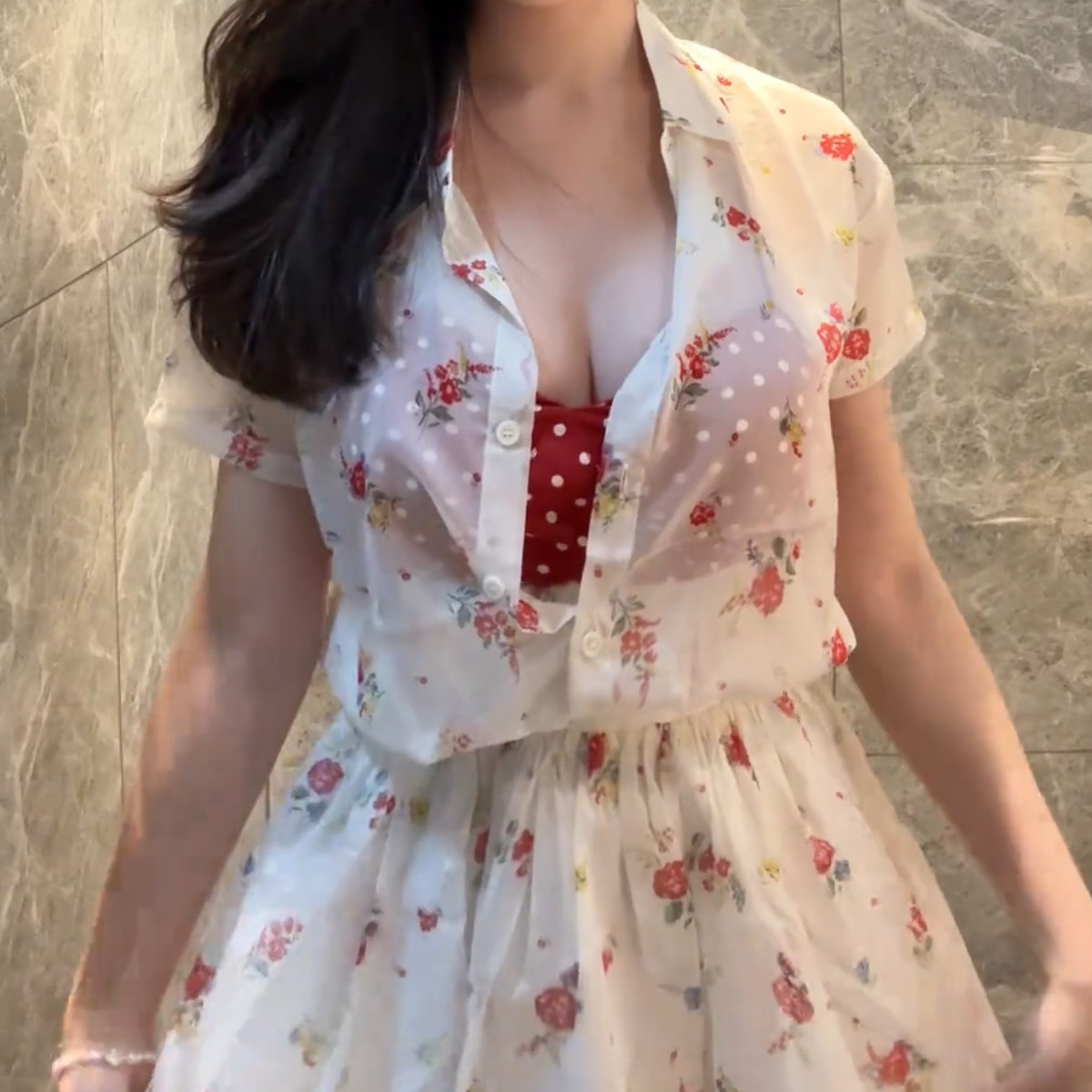 碎花套装新款2026旅游出片复古三件套收腰显瘦甜美少女心红色