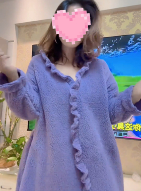 紫色浴袍纯欲性感花边纯色睡裙珊瑚绒新款2025加绒加厚睡袍