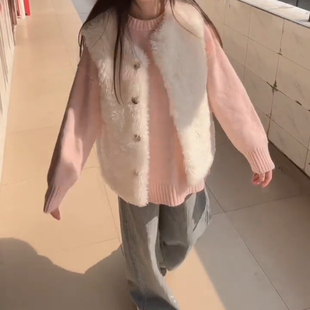套装女士可爱甜美宽松粉色毛衣白色马甲2026秋冬保暖两件套