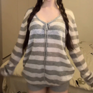 灰白条纹简约气质家居服薄衫 上衣 2026女士百搭半透韩系长袖