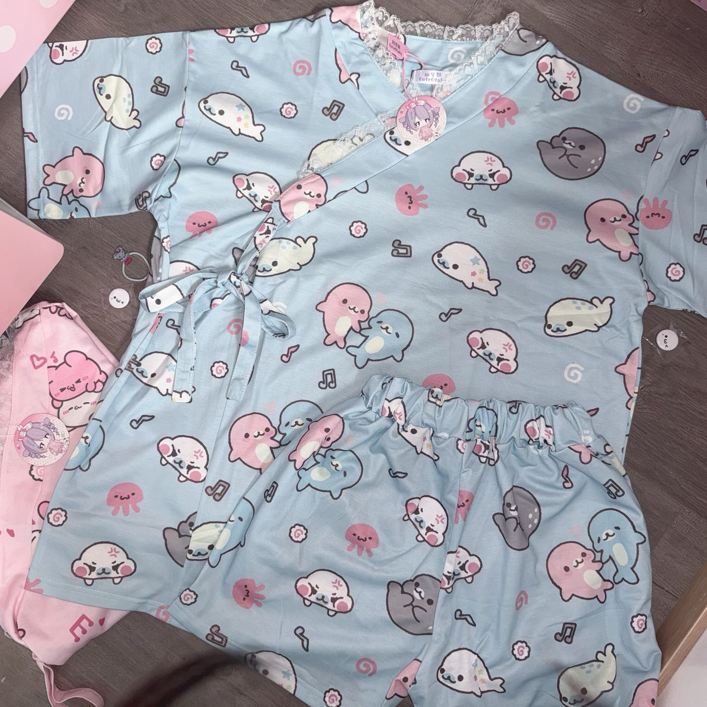 家居服海豚图案卡通新款短袖短裤可爱风甜美少女心两件套