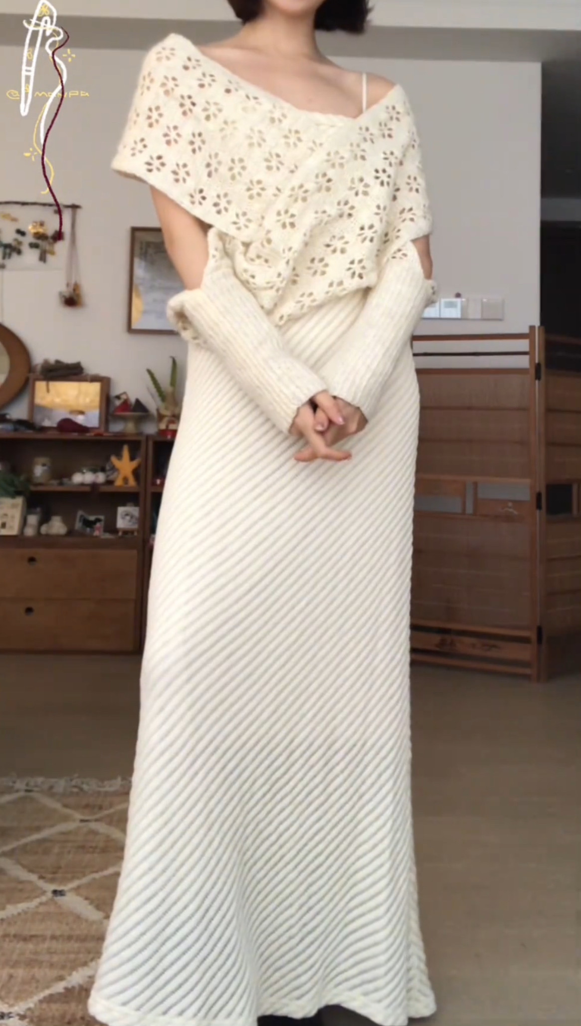 法式女士套装新款典雅镂空慵懒风米白色连衣裙披肩两件套时尚