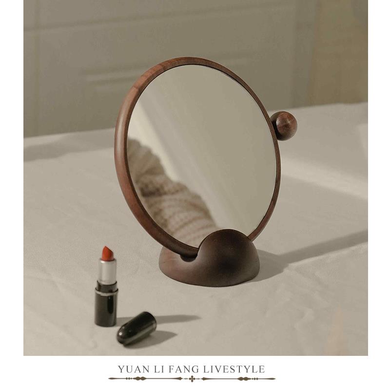 实木法式圆形化妆镜2025新款桌面家用台式小镜子梳妆镜复古风礼物