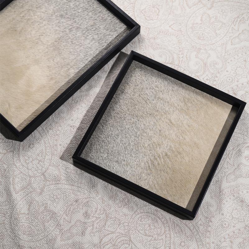 中古风黑色皮革包边真皮马毛香薰托 托盘家居客厅茶几桌面摆件