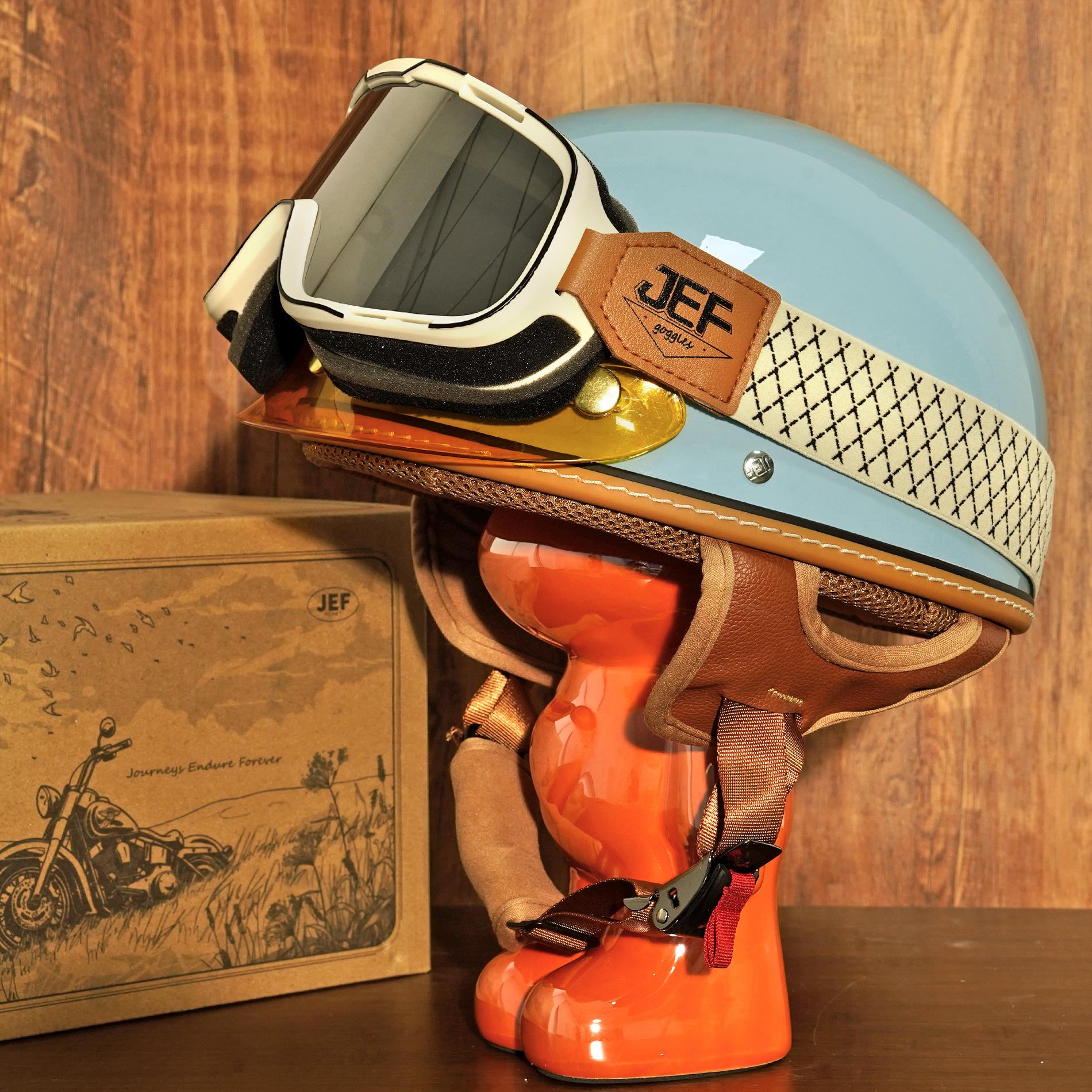 台湾Jef头盔覆古半头盔摩托车摩托车电动轻勺3C认证安全头盔夏季