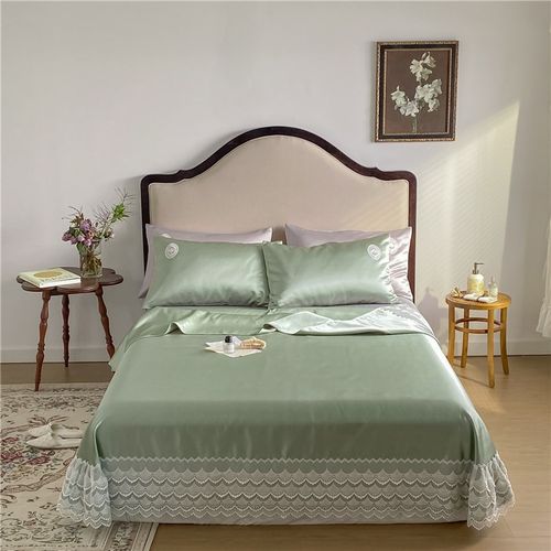 夏季珍珠丝凉席1.5米q1.8m床轻奢甜美粉色蕾丝花边床单款冰丝凉席