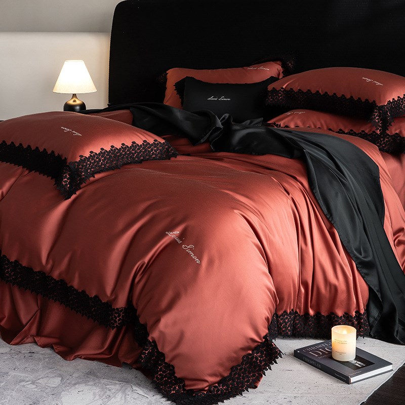 春夏爽滑天丝棉丨法式优雅S100莱D赛尔棉四件套 黑色蕾丝凉感裸睡