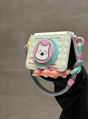 小清新绿色格纹适用华为pocket2折叠屏手机壳purax小米mixflip磁吸支架三星zflip6挂绳OPPOfind3flip荣耀女款