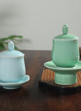 龙泉青瓷圣水杯佛前供杯陶瓷莲花供佛杯观音水杯供奉净水杯摆件