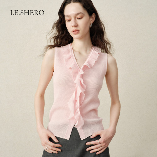 LE.SHERO荷叶边V领毛织背心