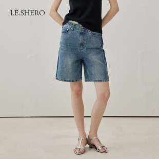 直筒休闲裤 新款 女夏季 LE.SHERO原创设计休闲七分水洗磨白牛仔中裤