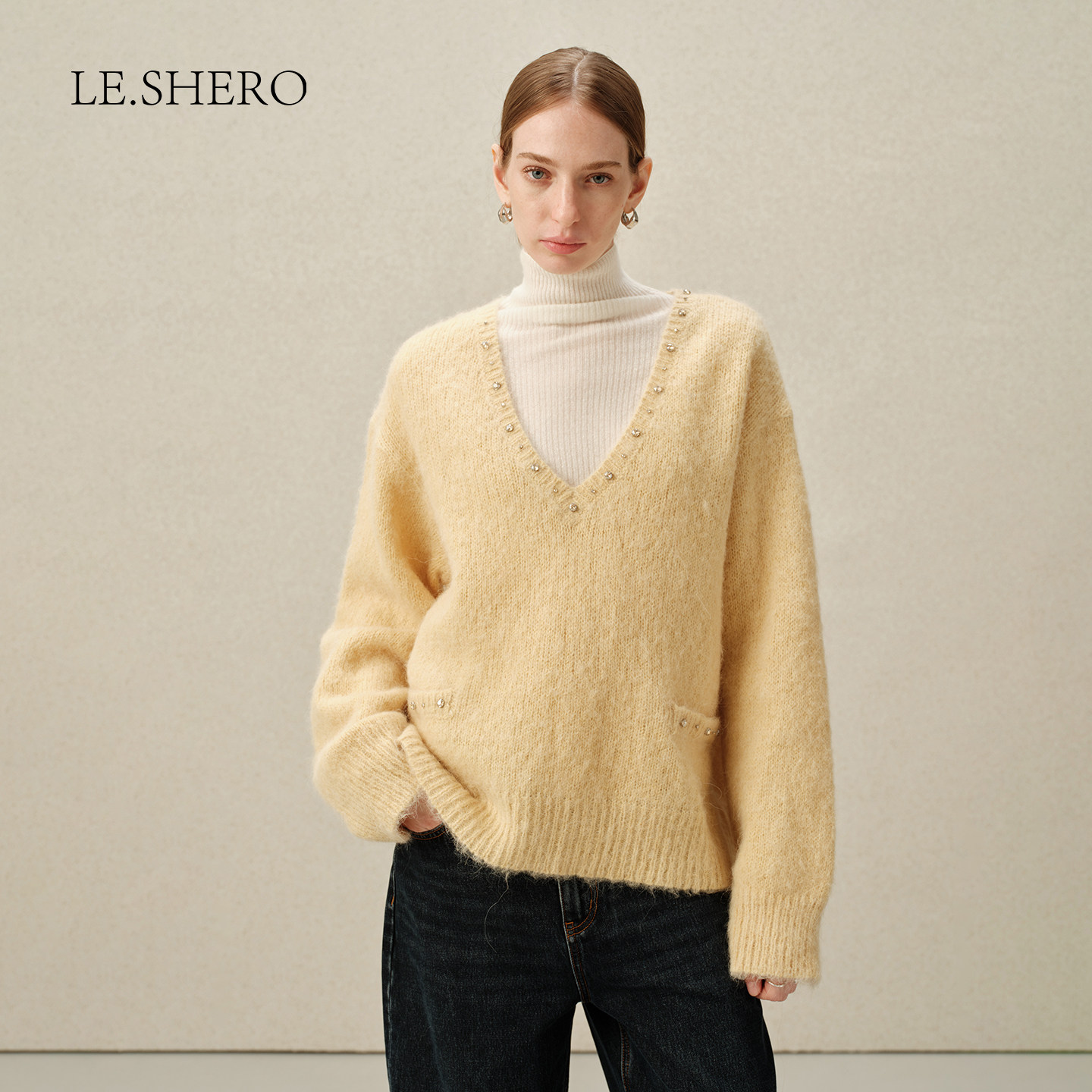 LE.SHERO原创设计V领手工水钻软糯羊驼毛针织毛衣秋冬百搭上衣
