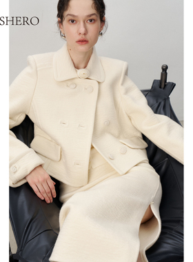 LE.SHERO短款翻领双排扣双面呢手工大衣紧身包臀半裙87Q996209T