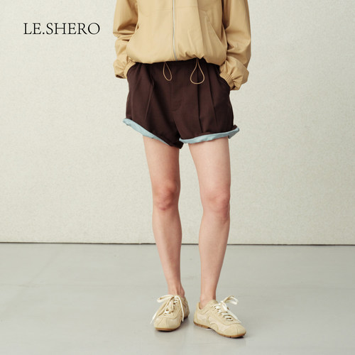 LE.SHERO高腰阔腿双褶通勤短裤