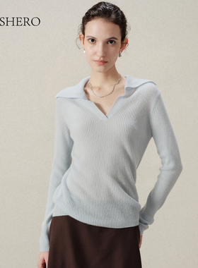 LE.SHERO【胶囊系列】套头开口领羊绒上衣女长袖内搭打底毛针织衫