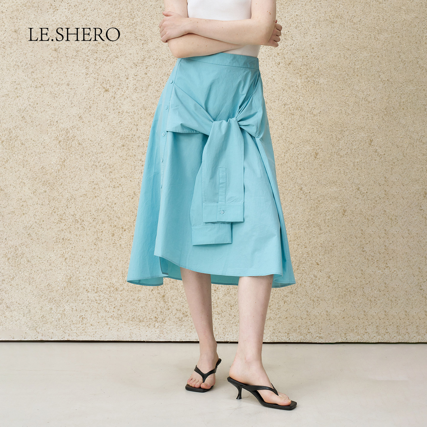 LE.SHERO原创设计设计感衬衫元素绑饰半身裙女夏季新款不规则中裙