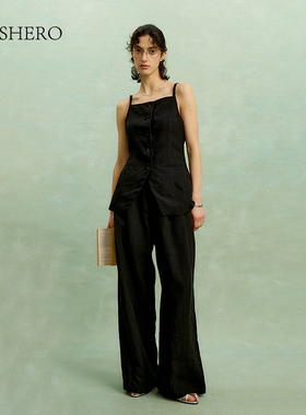 LE.SHERO舒适亚麻宽腿长裤肌理感通勤百搭休闲裤子女慵懒风阔腿裤