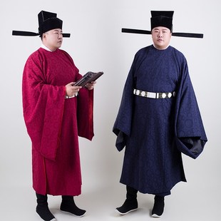 明制圆领袍男士汉服红色中式婚y服婚礼主持人司仪服装大码宋朝大