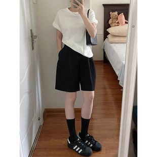 胖妹妹mm高腰宽松显瘦阔Y腿五分休闲 女夏季 梨形身材黑色西装 短裤