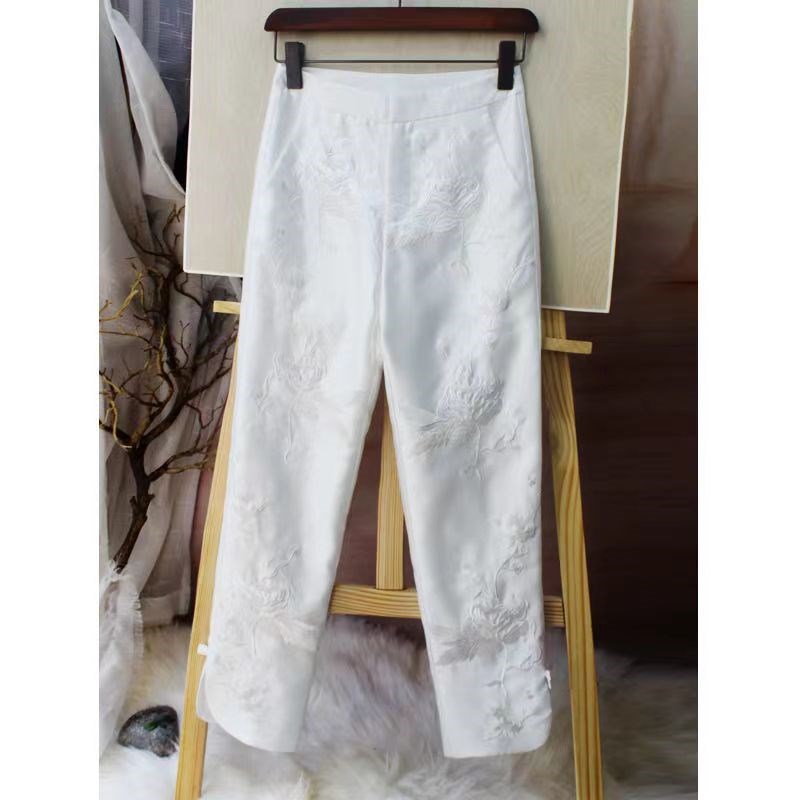 复古民国风中式刺绣花民族风唐装裤子女中国风宽松直X筒白色九分