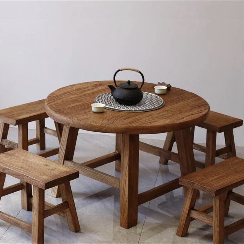 老榆木围炉茶桌原木小圆桌家用炭火围炉煮茶桌子室U内新中式火锅