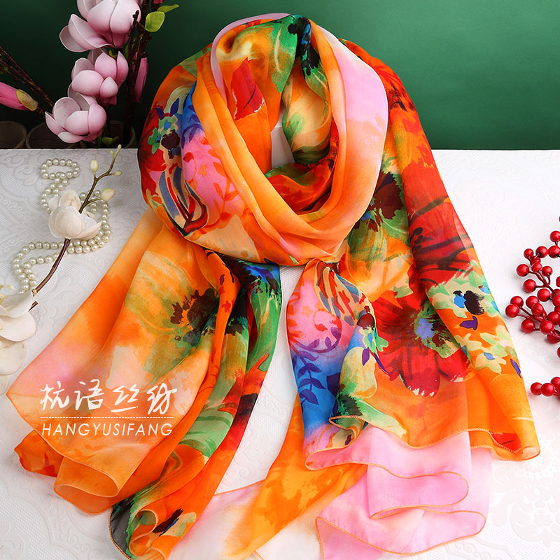 橘色花卉杭州桑蚕丝围巾女百搭长款真I丝丝巾披肩春秋冬季夏季