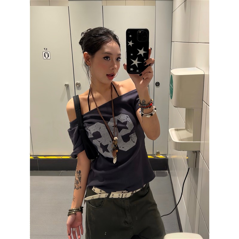 F383 2025美式复古球衣风斜肩印花短I袖T恤女一字肩辣妹上衣潮夏